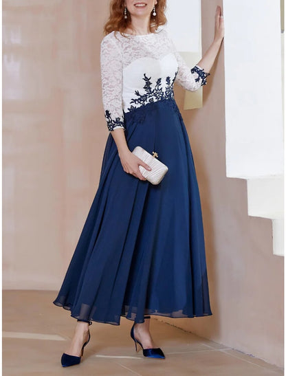 A-Line Mother of the Bride Dress Wedding Guest Elegant Scoop Neck Ankle Length Chiffon 3/4 Length Sleeve with Lace Ruching