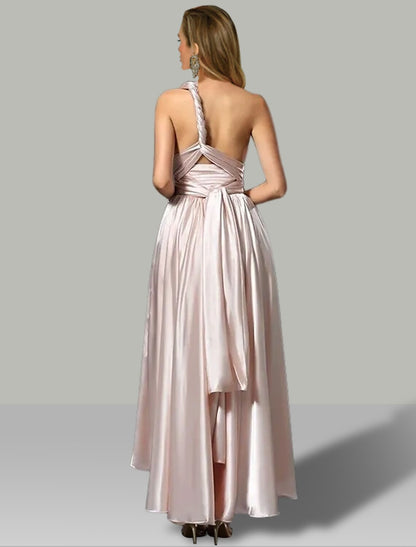 A-Line Wedding Guest Dresses High Low Dress Summer Garden Party Asymmetrical Sleeveless V Neck Convertible Satin with Ruched