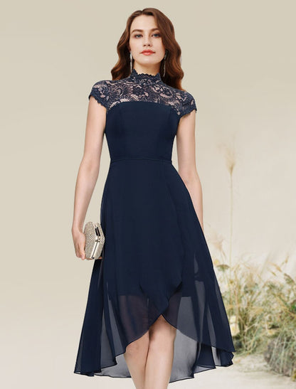 A-Line Cocktail Dresses Flirty Dress Homecoming Wedding Guest Asymmetrical Sleeveless Jewel Neck Chiffon with Lace Insert