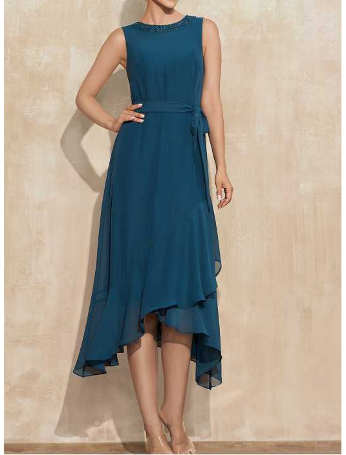 A-Line Wedding Guest Dresses Elegant Dress Party Wear Wedding Party Asymmetrical Sleeveless Jewel Neck Chiffon with Ruffles Strappy