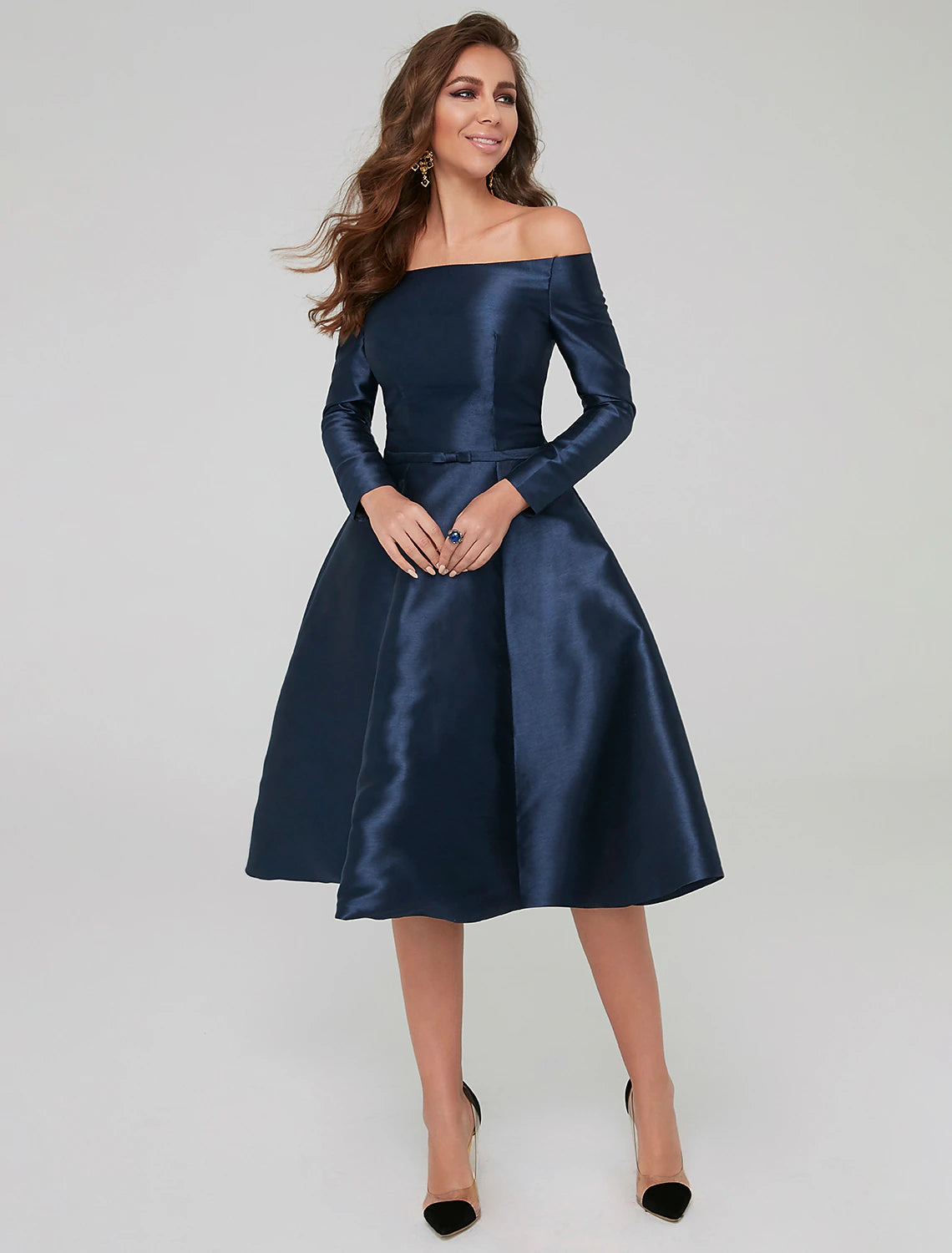 A-Line Special Occasion Dresses Party Dress Wedding Guest Cocktail Party Knee Length Long Sleeve Off Shoulder Satin with Pleats