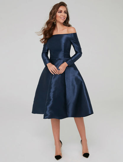 A-Line Special Occasion Dresses Party Dress Wedding Guest Cocktail Party Knee Length Long Sleeve Off Shoulder Satin with Pleats