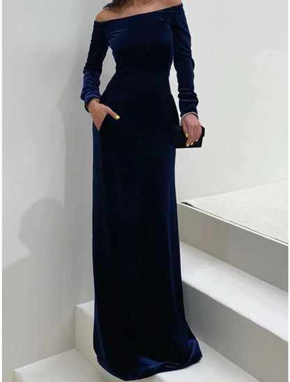 Sheath / Column Wedding Guest Dresses Elegant Dress Formal Black Tie Gala Floor Length Long Sleeve Off Shoulder Velvet with Pure Color