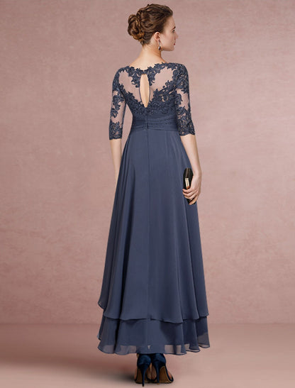 Sheath / Column Mother of the Bride Dress Wedding Guest Party Elegant Jewel Neck Asymmetrical Chiffon Lace Half Sleeve with Pleats Solid Color