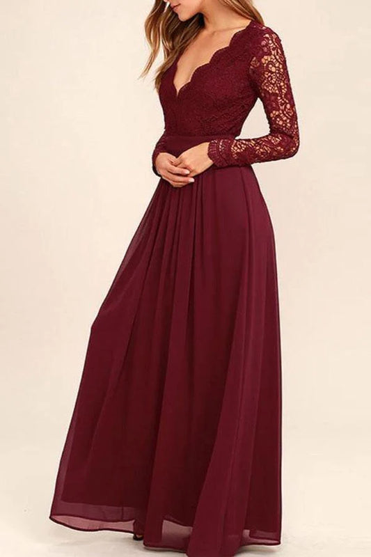 Mature V-neck long sleeved deep burgundy lace chiffon ball dress evening gown