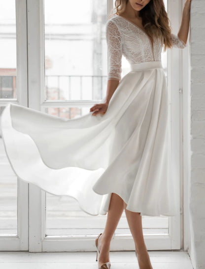 Bridal Shower Little White Dresses Wedding Dresses A-Line V Neck 3/4 Length Sleeve Tea Length Chiffon Bridal Gowns With Solid Color