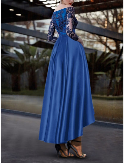 A-Line Evening Gown Elegant Dress Formal Wedding Guest Asymmetrical Long Sleeve Off Shoulder Satin with Pleats Sequin