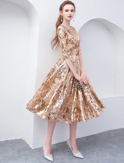 A-Line Cocktail Dresses Party Dress Holiday Wedding Guest Tea Length Half Sleeve Jewel Neck Sequined with