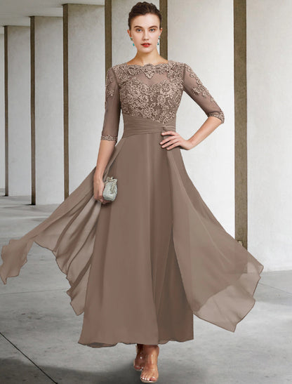 A-Line Mother of the Bride Dress Wedding Guest Plus Size Elegant Jewel Neck Ankle Length Chiffon Lace Half Sleeve with Ruched Beading Appliques Fall