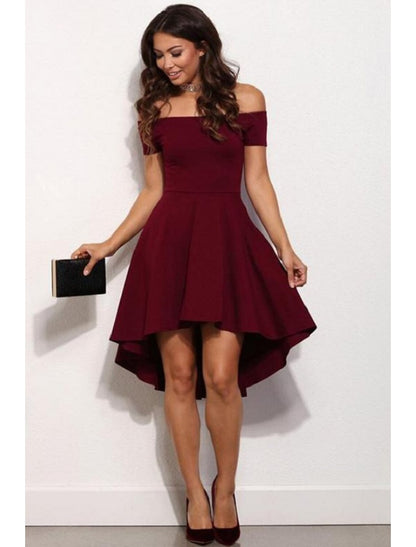 A-Line Cocktail Dresses Cute Dress Homecoming Graduation Short / Mini Short Sleeve Off Shoulder Stretch Satin with Pure Color