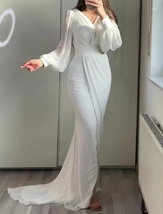 Mermaid / Trumpet Evening Gown Elegant Dress Formal Wedding Guest Court Train Long Sleeve V Neck Stretch Chiffon with Ruched