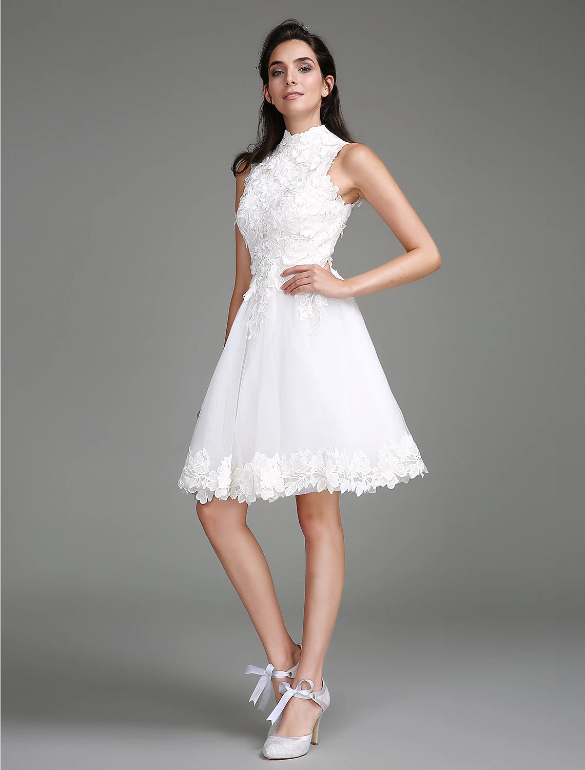 Little White Dresses Wedding Dresses Knee Length A-Line Regular Straps High Neck Lace With Lace