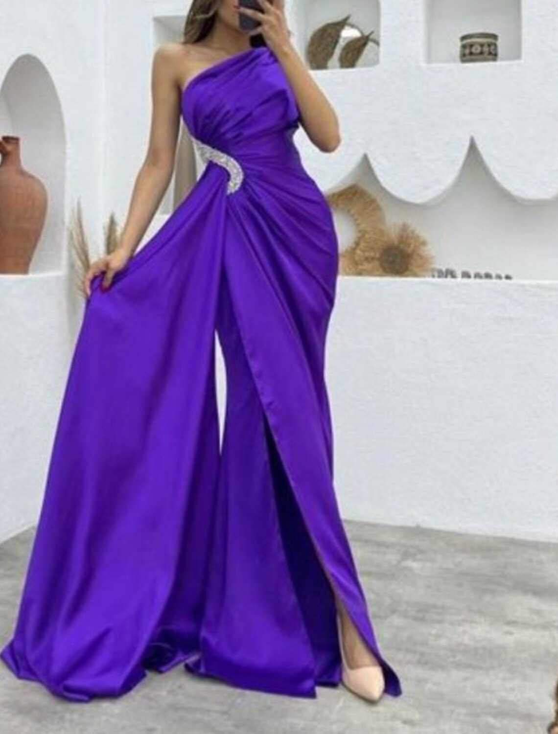 Mermaid / Trumpet Evening Gown Cut Out Dress Formal Wedding Guest Sweep / Brush Train Sleeveless One Shoulder Bridesmaid Dress Charmeuse with Rhinestone Ruched Slit