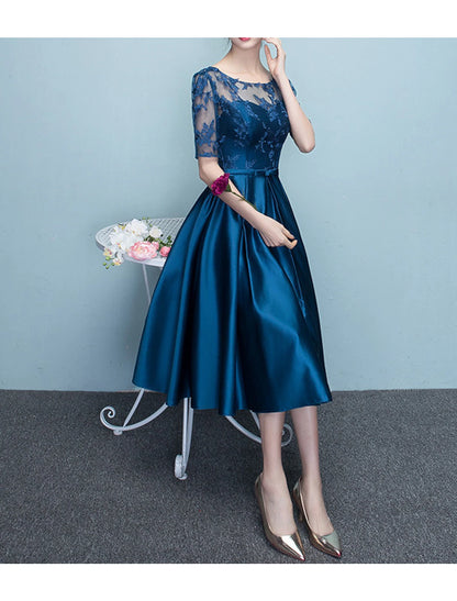 A-Line Mother of the Bride Dress Elegant Vintage Jewel Neck Tea Length Satin Lace Half Sleeve with Bow(s) Pleats