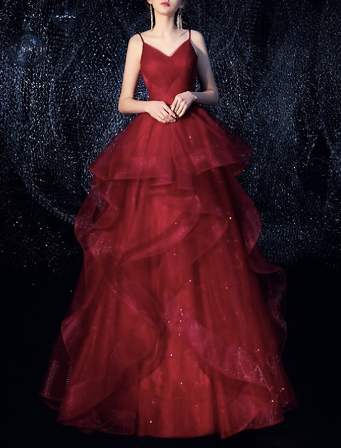 A-Line Evening Gown Elegant Dress Engagement Formal Evening Floor Length Sleeveless Spaghetti Strap Tulle with Tiered