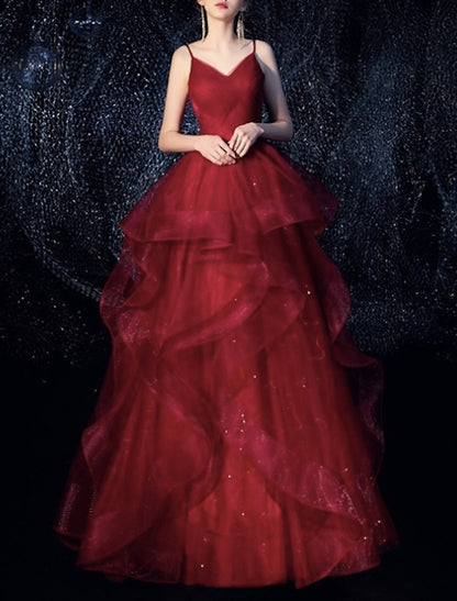 A-Line Evening Gown Elegant Dress Engagement Formal Evening Floor Length Sleeveless Spaghetti Strap Tulle with Tiered