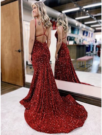 Mermaid / Trumpet Prom Dresses Sparkle & Shine Dress Formal Wedding Party Court Train Sleeveless V Neck Sequined Backless with Sequin