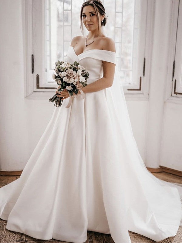 A-Line/Princess Satin Ruffles Off-the-Shoulder Sleeveless Sweep/Brush Train Wedding Dresses