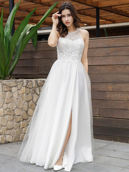 A-Line/Princess Tulle Lace Scoop Sleeveless Floor-Length Wedding Dresses