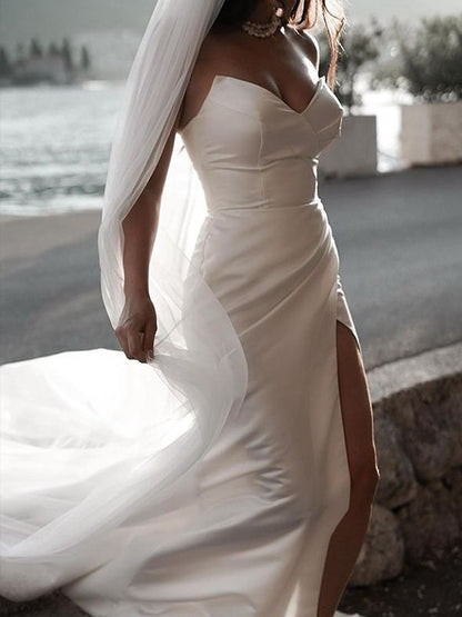 Sheath/Column Satin Ruched Sweetheart Sleeveless Sweep/Brush Train Wedding Dresses