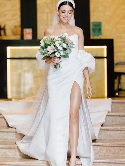 Sheath/Column Satin Ruched Sweetheart Sleeveless Sweep/Brush Train Wedding Dresses