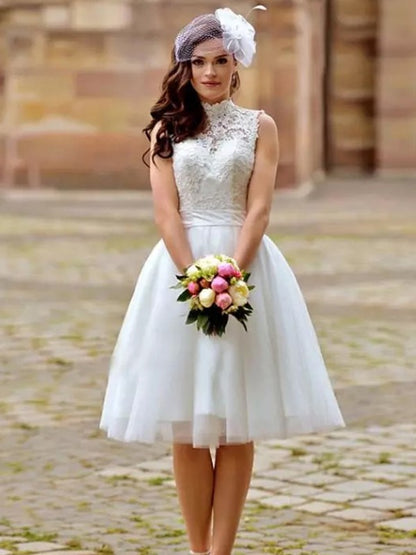 A-Line/Princess Tulle Lace High Neck Sleeveless Knee-Length Wedding Dresses