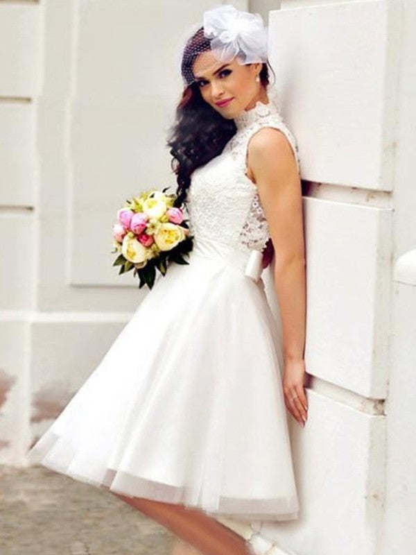 A-Line/Princess Tulle Lace High Neck Sleeveless Knee-Length Wedding Dresses