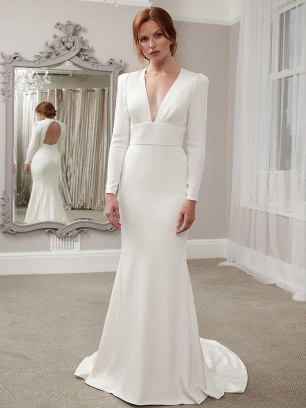 Sheath/Column Stretch Crepe Ruffles V-neck Long Sleeves Sweep/Brush Train Wedding Dresses