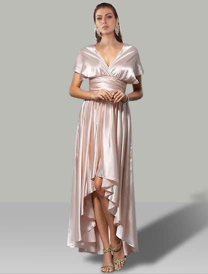 A-Line Wedding Guest Dresses High Low Dress Summer Garden Party Asymmetrical Sleeveless V Neck Convertible Satin with Ruched