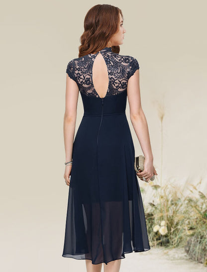 A-Line Cocktail Dresses Flirty Dress Homecoming Wedding Guest Asymmetrical Sleeveless Jewel Neck Chiffon with Lace Insert