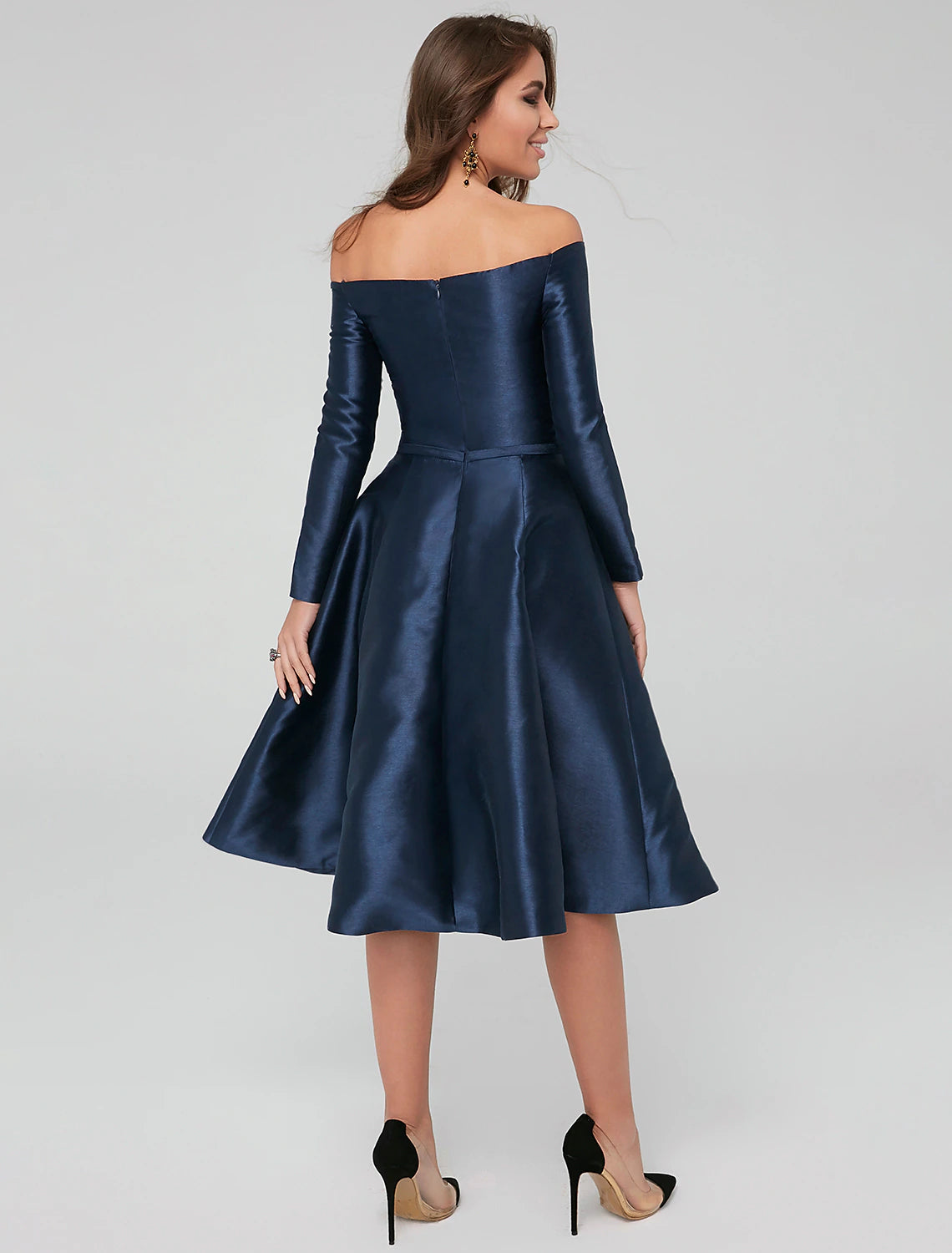 A-Line Special Occasion Dresses Party Dress Wedding Guest Cocktail Party Knee Length Long Sleeve Off Shoulder Satin with Pleats