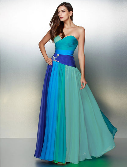 A-Line Color Block Dress Wedding Guest Prom Floor Length Sleeveless Sweetheart Chiffon Backless with Ruched Crystals