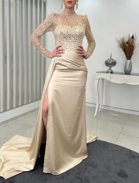 Mermaid / Trumpet Evening Gown Elegant Dress Wedding Guest Fall Court Train Long Sleeve High Neck Satin with Ruched Pearls Slit