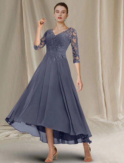 A-Line Mother of the Bride Dress Elegant Sparkle & Shine High Low V Neck Asymmetrical Tea Length Chiffon Lace Half Sleeve with Sequin Ruffles Appliques