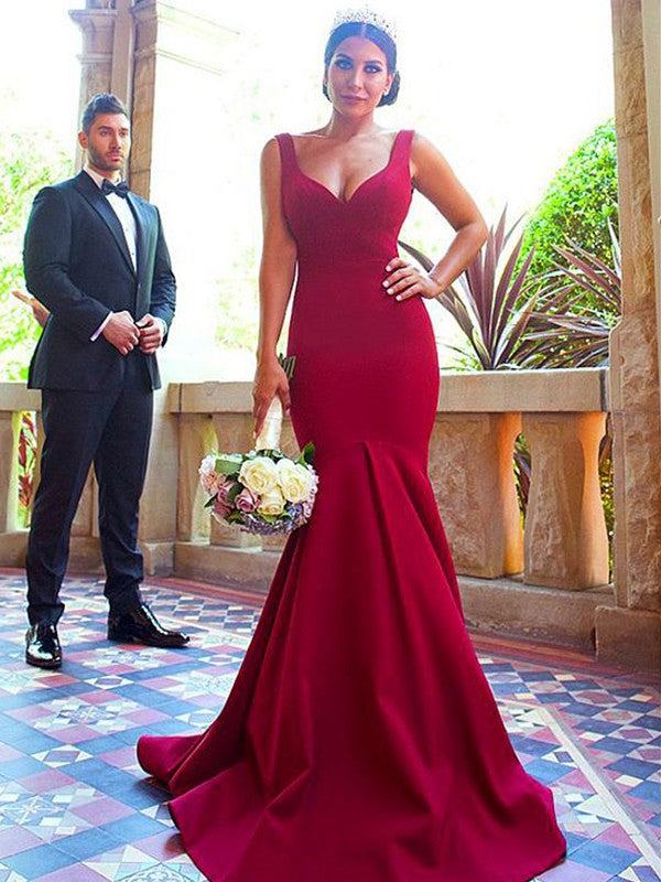 Trumpet/Mermaid V-neck Sleeveless Sweep/Brush Train Ruffles Stretch Crepe Bridesmaid Dresses