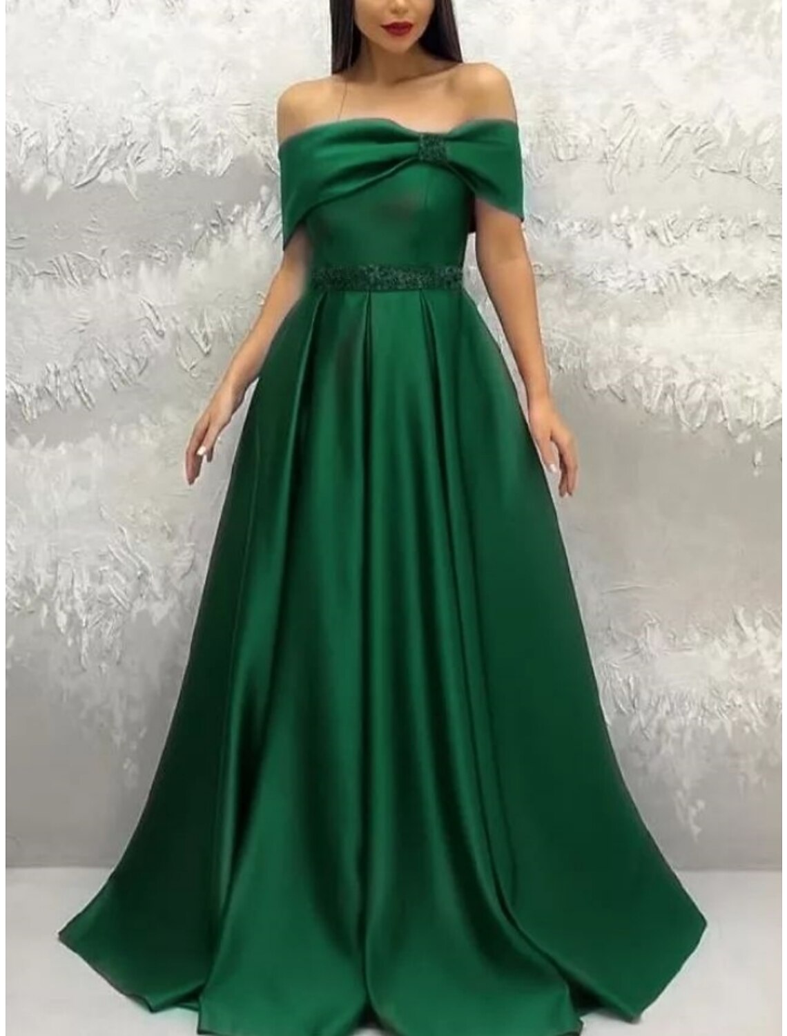 A-Line Evening Gown Elegant Dress Formal Sweep / Brush Train Christmas Red Green Dress Short Sleeve Off Shoulder Satin with Bow(s) Pleats