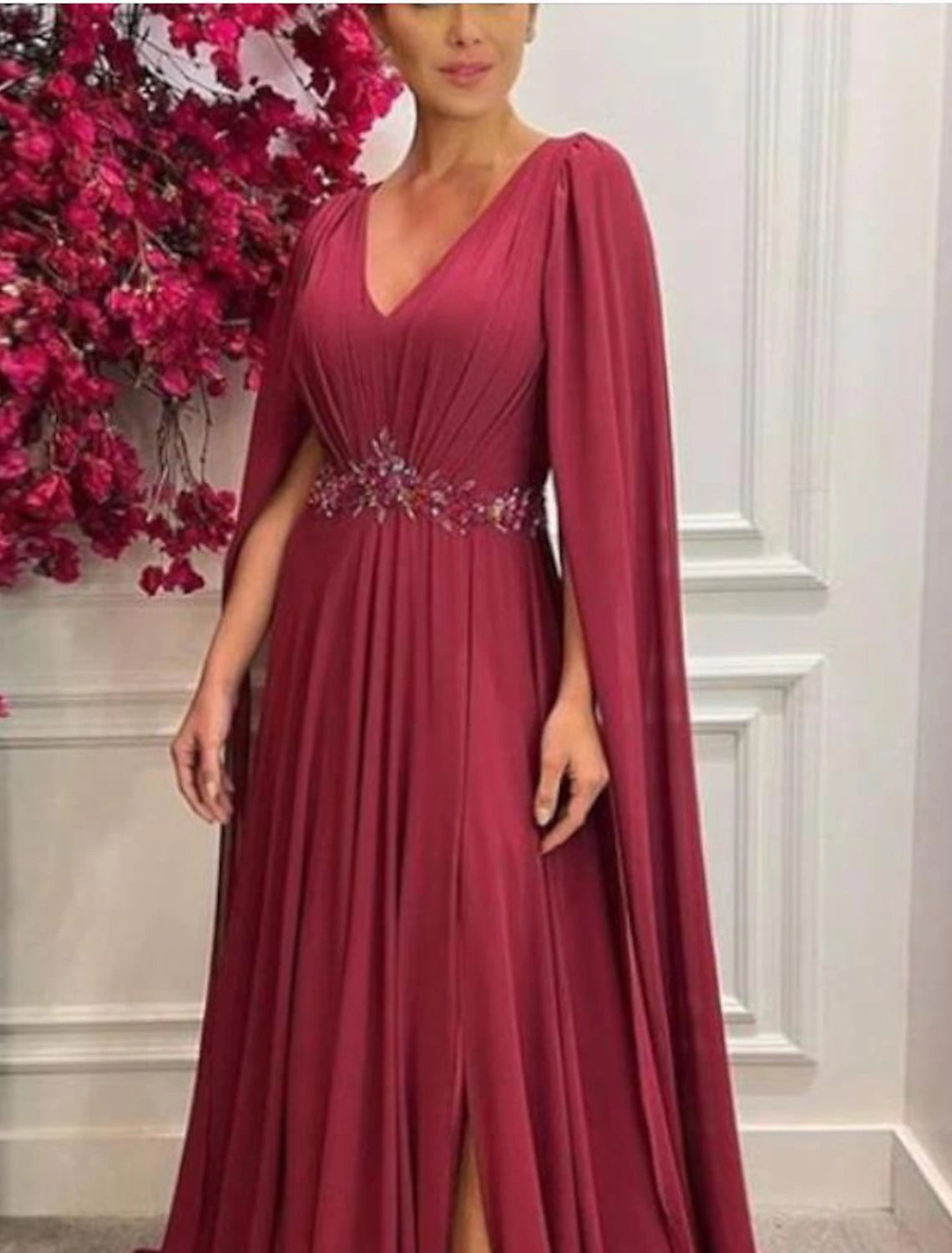 A-Line Mother of the Bride Dress Formal Wedding Guest Elegant V Neck Sweep / Brush Train Chiffon Sleeveless with Pleats Split Front Crystal Brooch