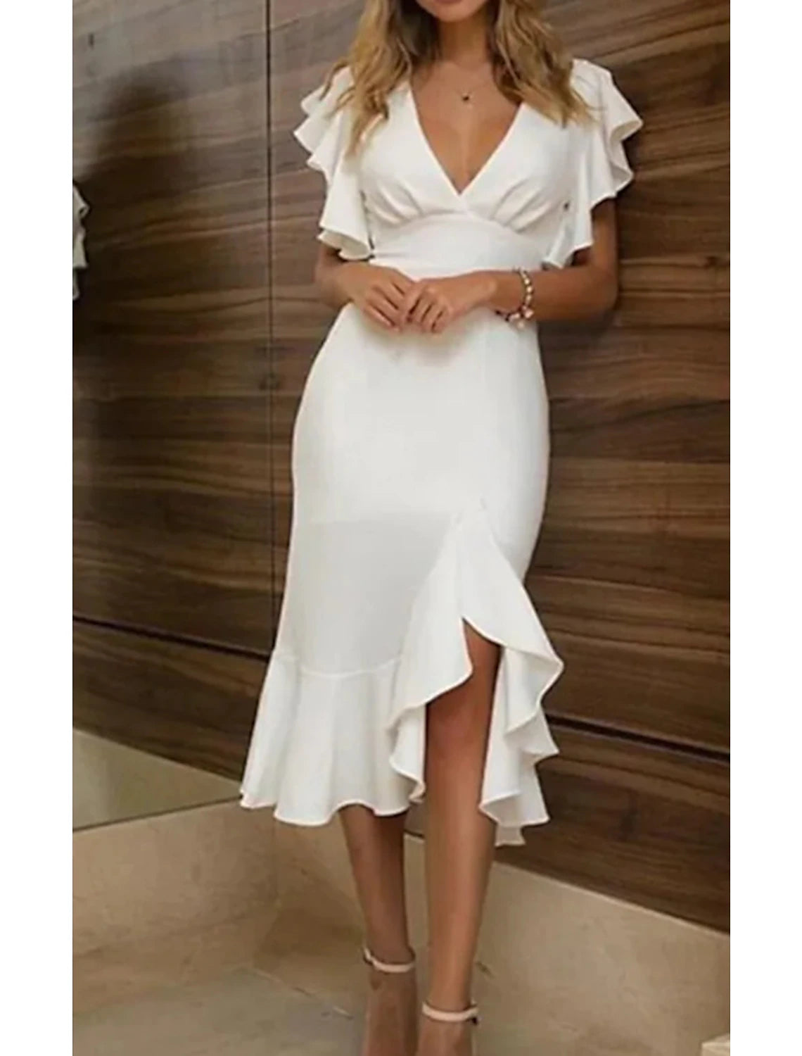 Mermaid / Trumpet Wedding Guest Dresses Elegant Dress Wedding Party Semi Formal Asymmetrical Short Sleeve V Neck Polyester with Ruffles Pure Color