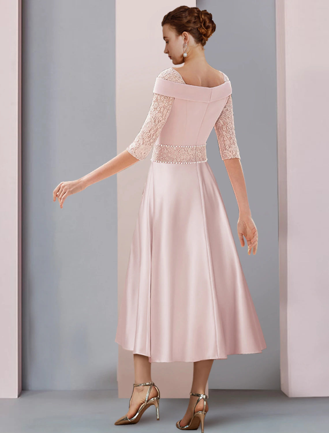 A-Line Mother of the Bride Dress Formal Wedding Guest Elegant Square Neck Tea Length Satin Lace Half Sleeve with Pearls