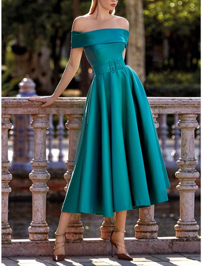 A-Line Evening Gown Elegant Dress Formal Tea Length Short Sleeve Off Shoulder Satin with Pleats Strappy