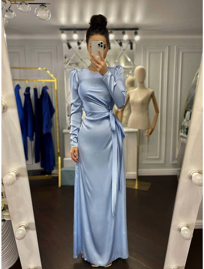 Sheath Party Dress Evening Gown Elegant Dress Wedding Guest Fall Floor Length Long Sleeve High Neck Bridesmaid Dress Satin with Ruched