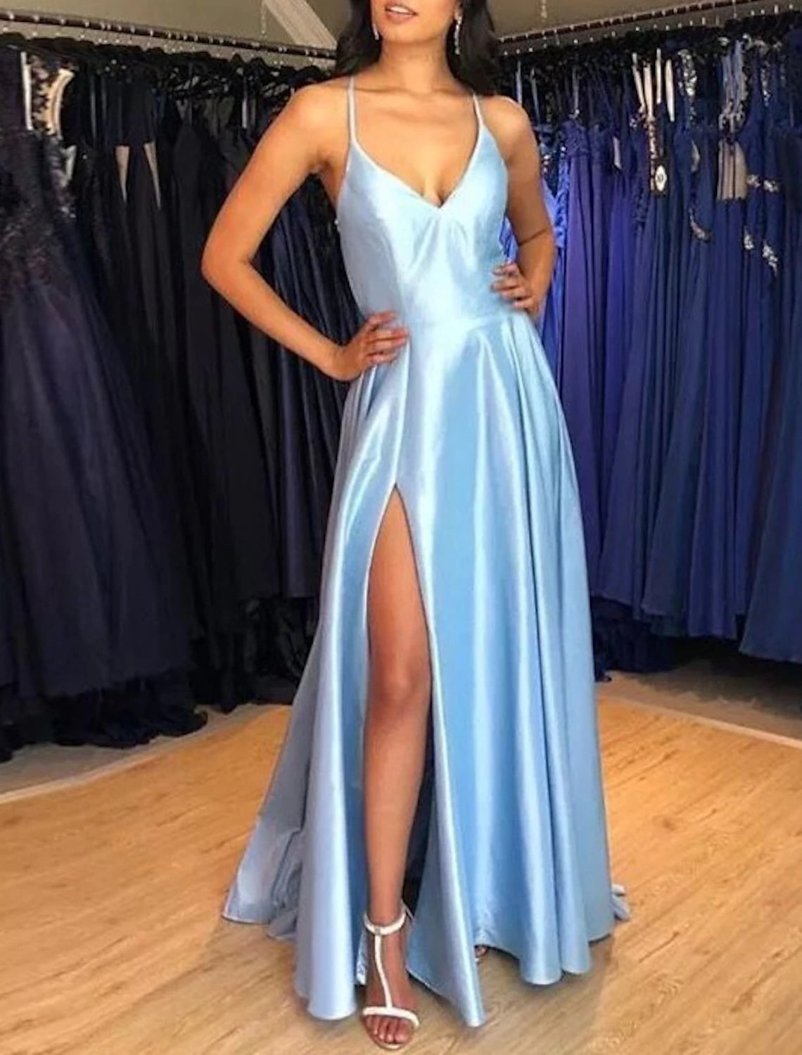 A-Line Wedding Guest Dresses Sexy Dress Prom Black Tie Floor Length Sleeveless Spaghetti Strap Bridesmaid Dress Satin with Slit