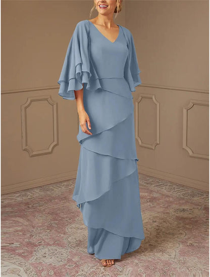 A-Line Mother of the Bride Dress Formal Wedding Guest Elegant V Neck Floor Length Chiffon Half Sleeve Wrap Included with Cascading Ruffles Solid Color