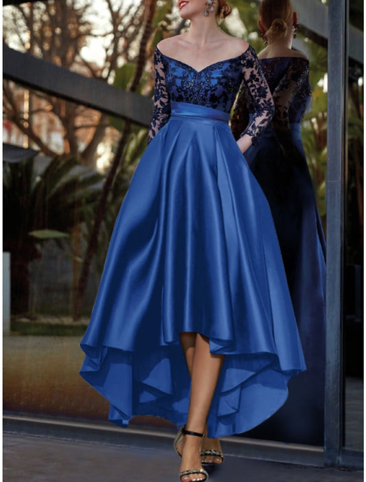 A-Line Evening Gown Elegant Dress Formal Wedding Guest Asymmetrical Long Sleeve Off Shoulder Satin with Pleats Sequin