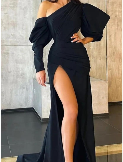 A-Line Evening Gown Elegant Dress Formal Sweep / Brush Train Long Sleeve One Shoulder Satin with Pleats Ruched Slit