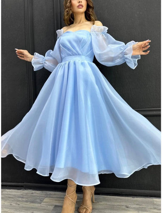 A-Line Wedding Guest Dresses Elegant Dress Formal Ankle Length Long Sleeve Off Shoulder Chiffon with Pleats Ruffles