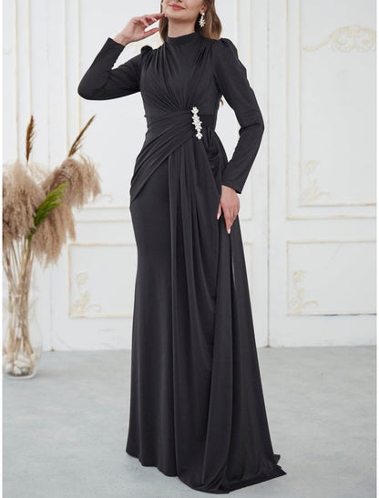 A-Line Evening Gown Elegant Dress Formal Sweep / Brush Train Long Sleeve High Neck Satin with Pleats Sequin