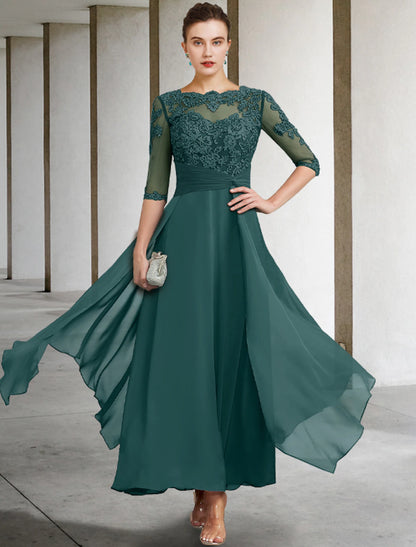 A-Line Mother of the Bride Dress Wedding Guest Plus Size Elegant Jewel Neck Ankle Length Chiffon Lace Half Sleeve with Ruched Beading Appliques Fall