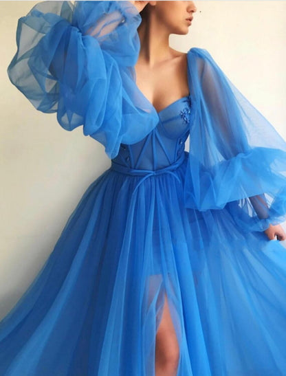 A-Line Evening Gown Elegant Dress Engagement Formal Evening Sweep / Brush Train Long Sleeve Scoop Neck Tulle with Pleats Slit