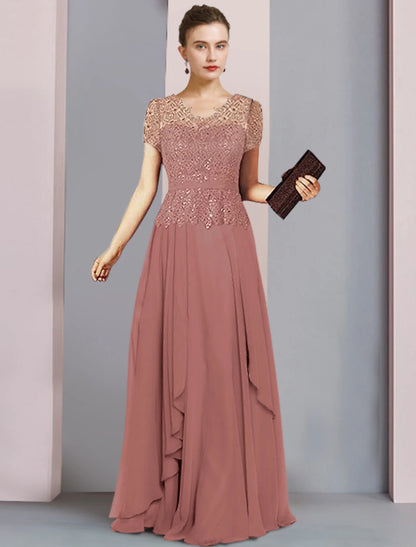 A-Line Mother of the Bride Dress Formal Party Sparkle & Shine Elegant V Neck Floor Length Chiffon Sequined Short Sleeve with Pleats Sequin